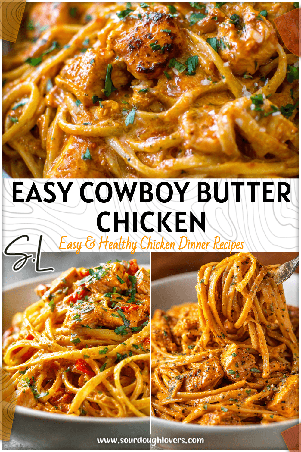 Creamy cowboy butter chicken linguine served in a white bowl topped with herbs for a quick dinner 2
